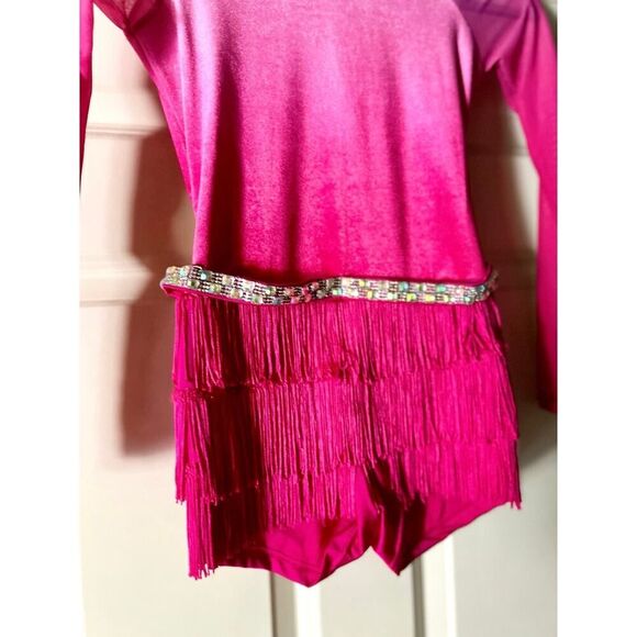 Weissman Pink Velvet Rhinestone Fringe Jazz Dance Costume Girls Medium Child - Picture 3 of 11